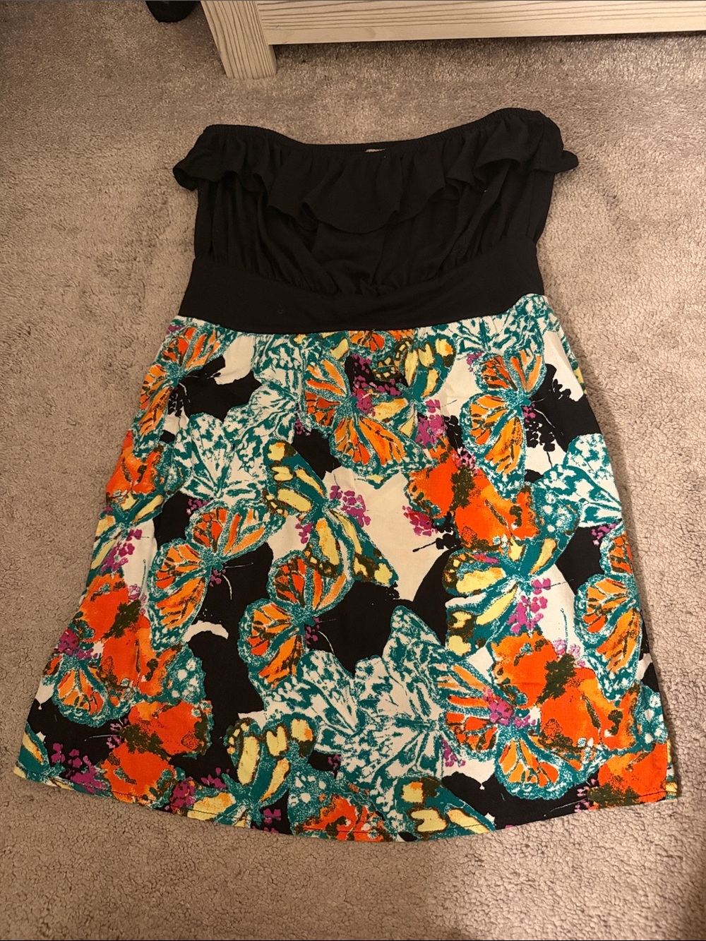Derek Heart Strapless Black Top Floral Skirt Dress with Orange & Teal Accents